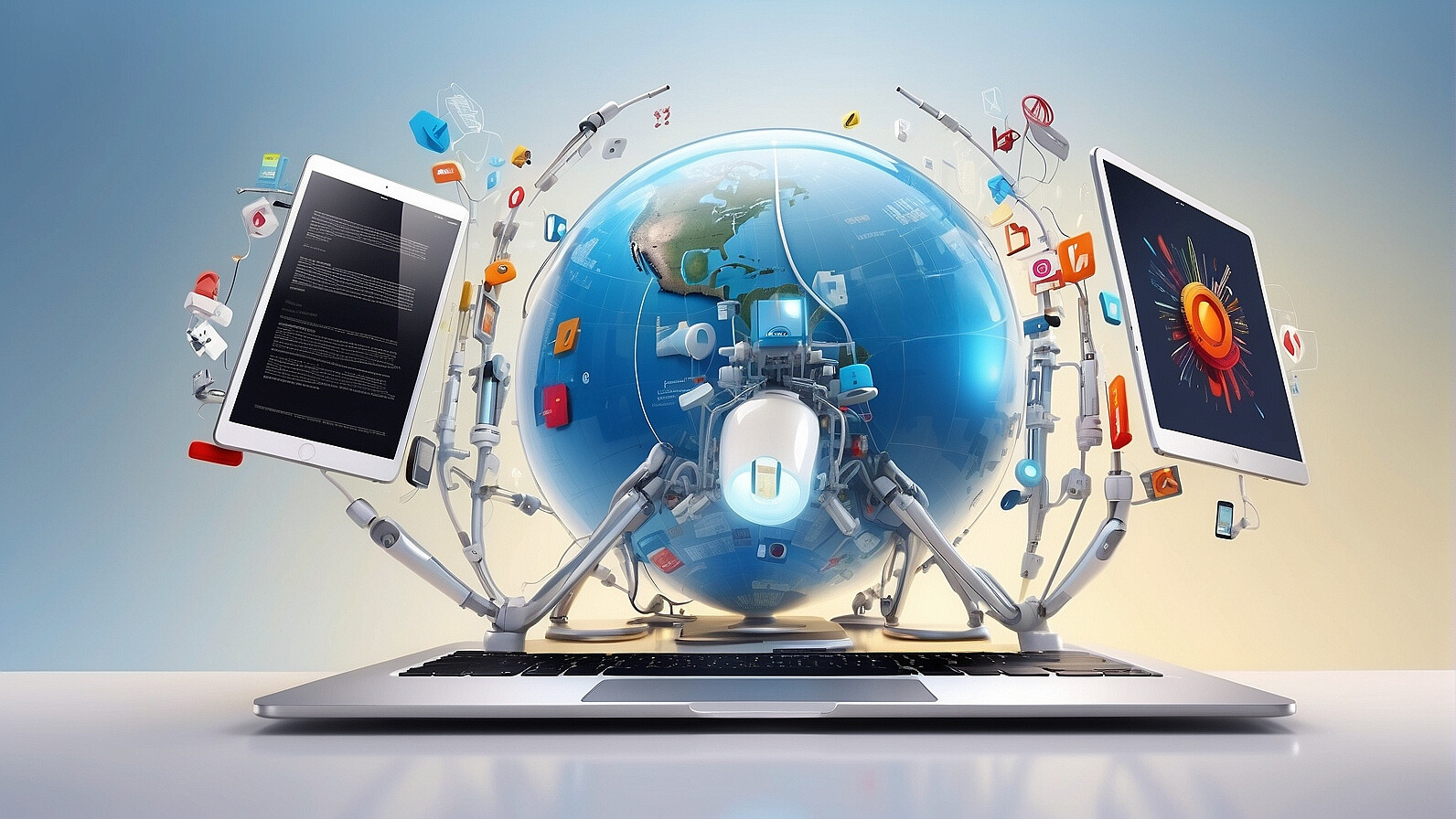 image of a laptop with a globe surrounded by surreal depictions of technology in place of the screen